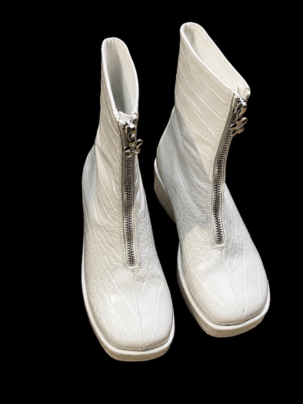 White Croc-Embossed Front-Zip Ankle Boots